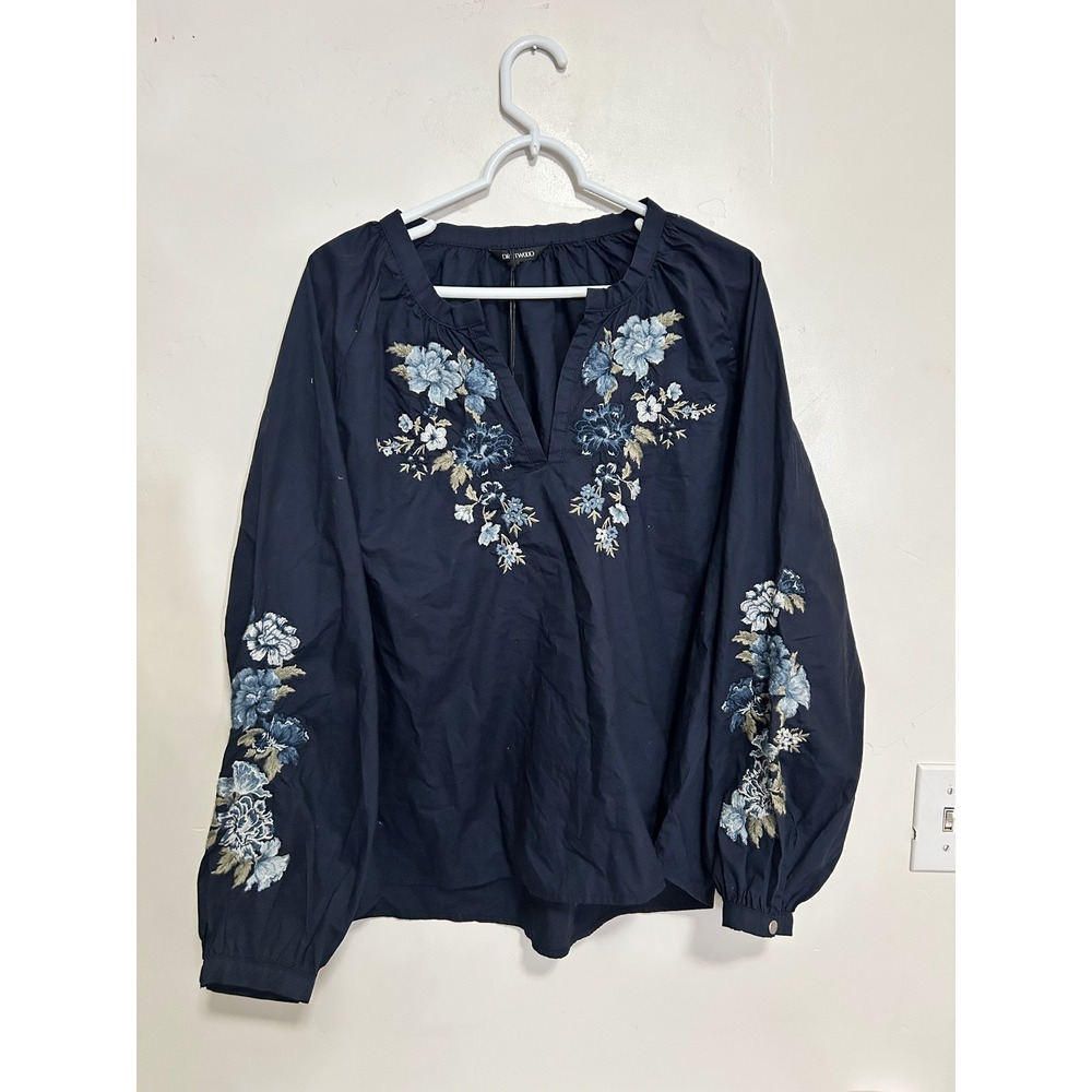 Driftwood Navy Blue Floral Embroidered Cotton Peasant‎ Blouse Top 1X NEW